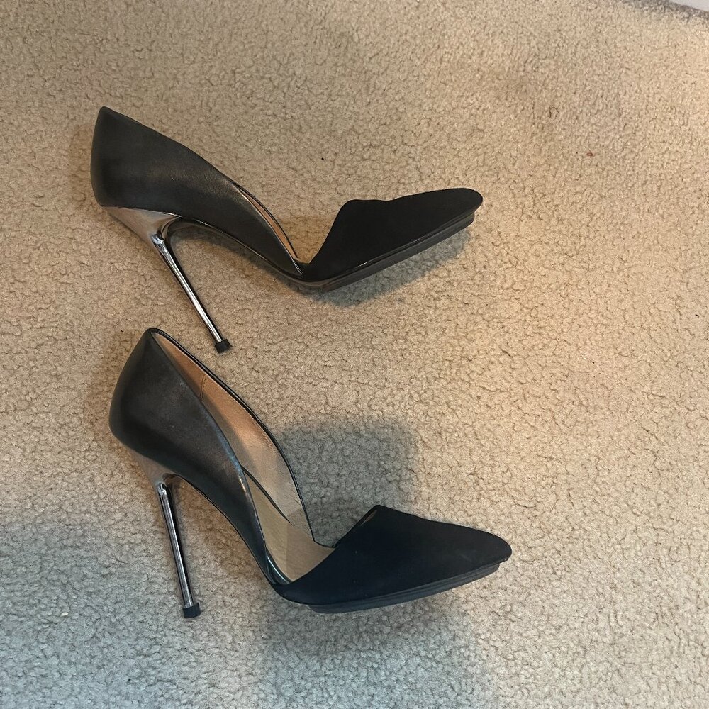 L.A.M.B. Trina D'Orsay Pump Black Leather/Suede/Chrome Heel women’s size 8